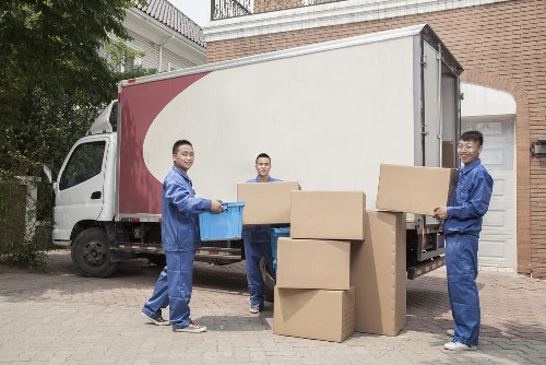 Business office being loaded onto a moving truck