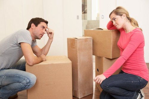 Movers safely transporting packed boxes