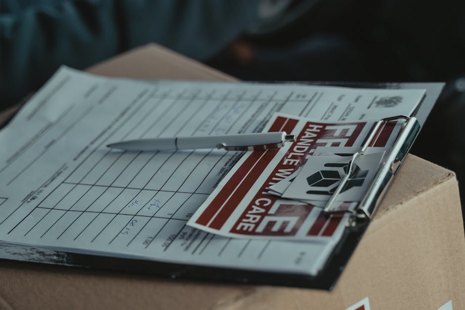 Close-up photograph showing a packing and moving process, featuring a cardboard box partially visible at the bottom right corner, with a clipboard holding a moving manifest, a white pen, and a sealed